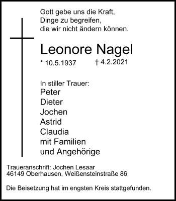 Traueranzeige von Leonore Nagel von WVW Anzeigenblätter
