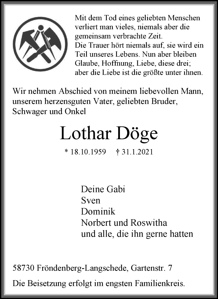  Traueranzeige für Lothar Döge vom 06.02.2021 aus WVW Anzeigenblätter