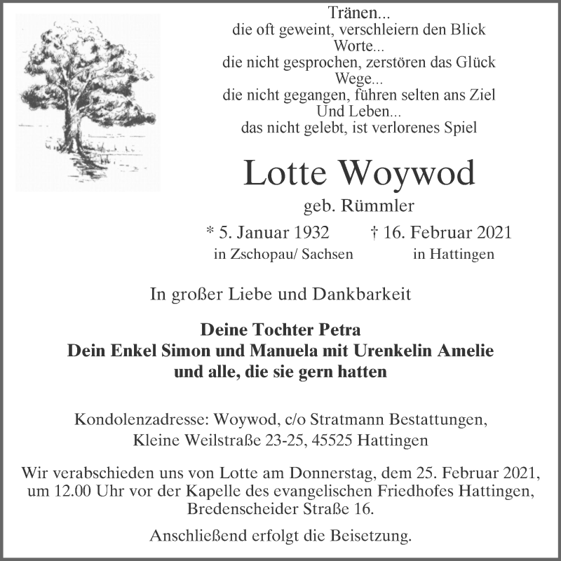  Traueranzeige für Lotte Woywod vom 20.02.2021 aus WVW Anzeigenblätter