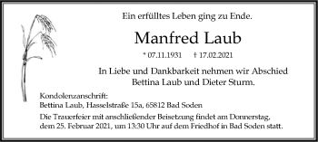 Traueranzeige von Manfred Laub von WVW Anzeigenblätter
