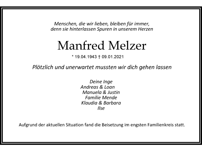  Traueranzeige für Manfred Melzer vom 04.02.2021 aus WVW Anzeigenblätter