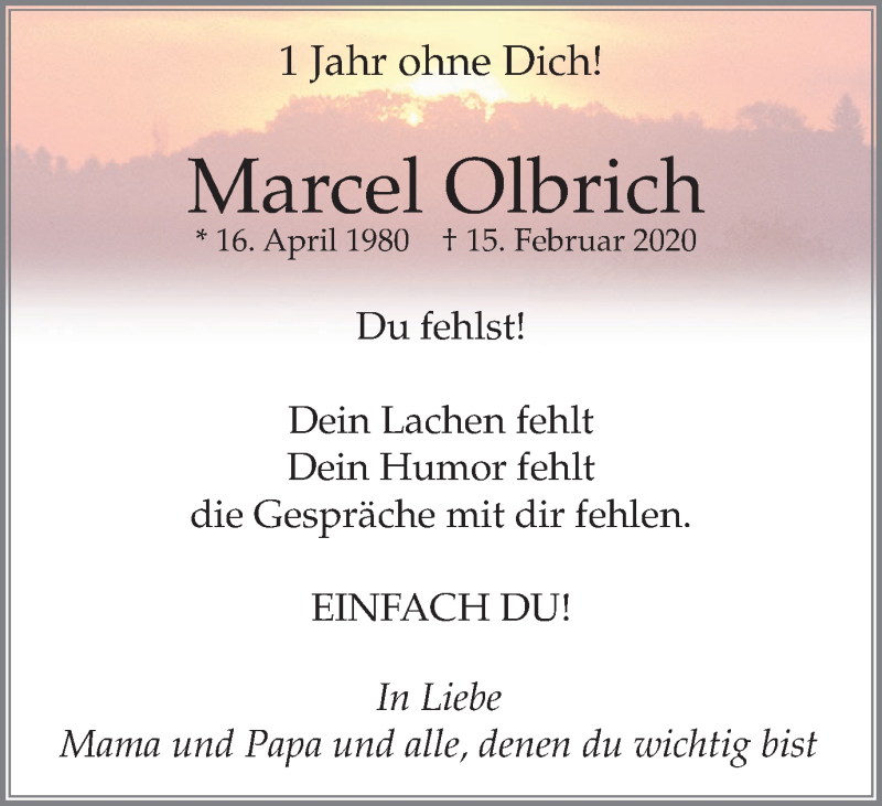  Traueranzeige für Marcel Olbrich vom 13.02.2021 aus WVW Anzeigenblätter
