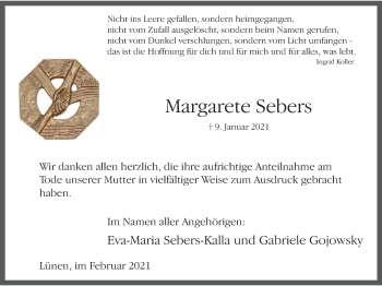 Traueranzeige von Margarete Sebers von WVW Anzeigenblätter