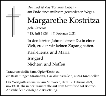 Traueranzeige von Margarethe Kostritza von WVW Anzeigenblätter