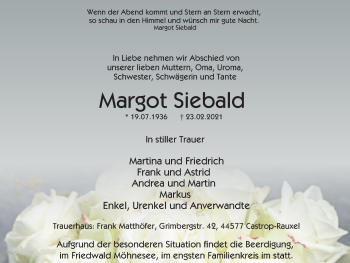 Traueranzeige von Margot Siebald von WVW Anzeigenblätter