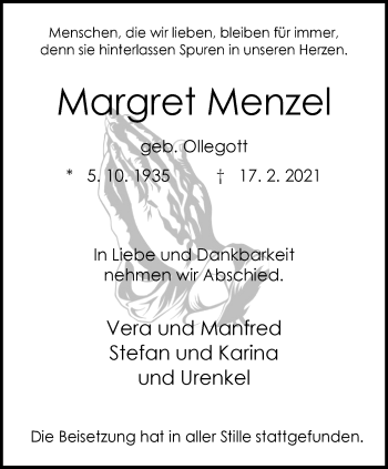 Traueranzeige von Margret Menzel von WVW Anzeigenblätter