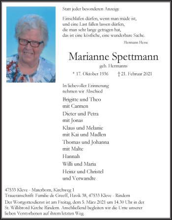 Traueranzeige von Marianne Spettmann von WVW Anzeigenblätter