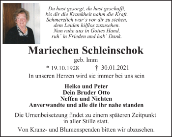 Traueranzeige von Mariechen Schleinschok von WVW Anzeigenblätter