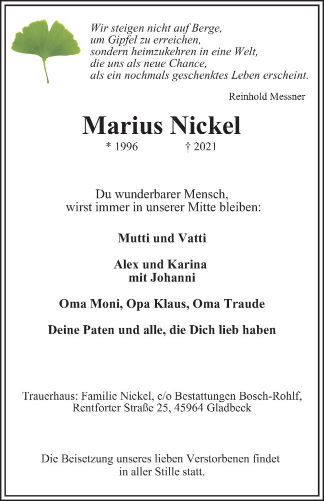  Traueranzeige für Marius Nickel vom 27.02.2021 aus WVW Anzeigenblätter