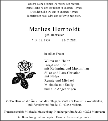 Traueranzeige von Marlies Herrboldt von WVW Anzeigenblätter