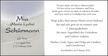 Traueranzeige von Mia Schürmann von WVW Anzeigenblätter