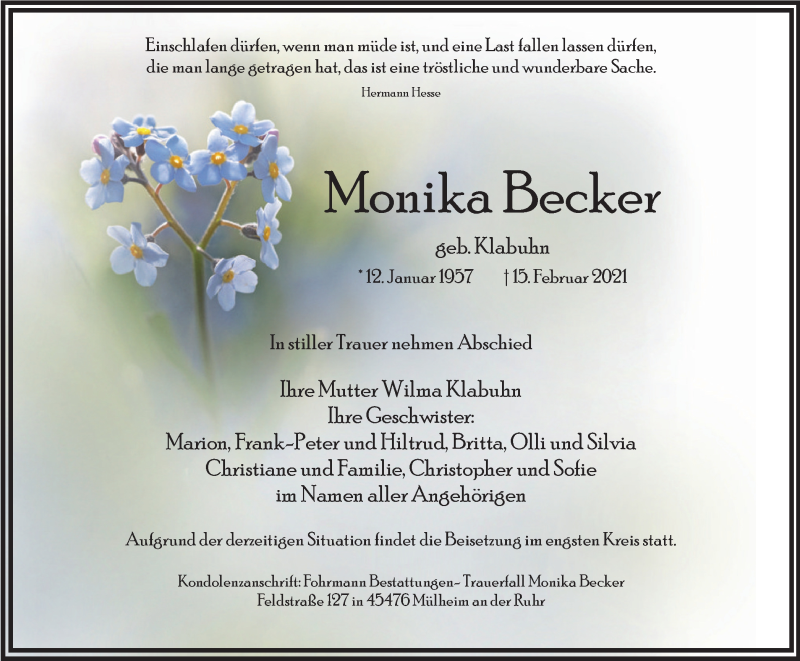  Traueranzeige für Monika Becker vom 24.02.2021 aus WVW Anzeigenblätter