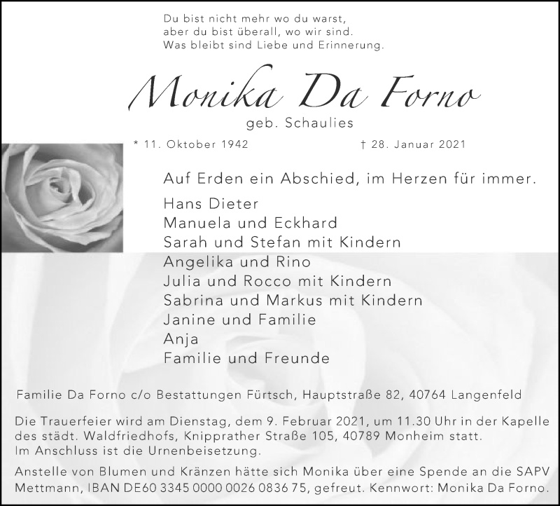  Traueranzeige für Monika  Da Forno vom 06.02.2021 aus WVW Anzeigenblätter