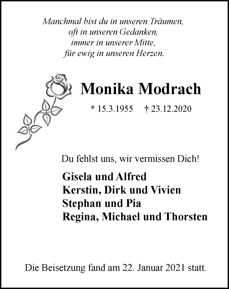  Traueranzeige für Monika Modrach vom 03.02.2021 aus WVW Anzeigenblätter
