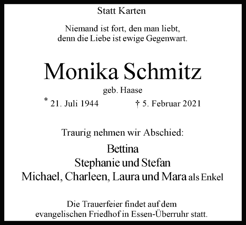  Traueranzeige für Monika Schmitz vom 20.02.2021 aus WVW Anzeigenblätter