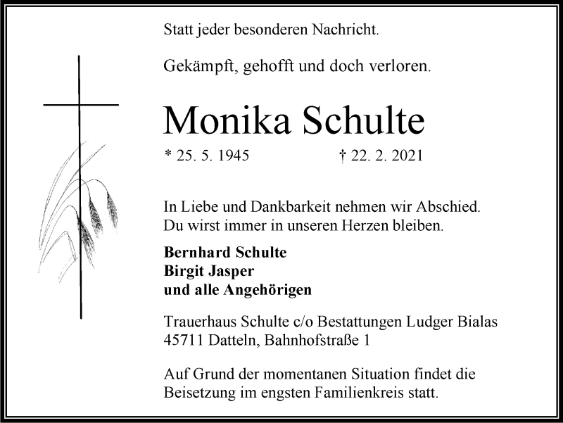  Traueranzeige für Monika Schulte vom 27.02.2021 aus WVW Anzeigenblätter