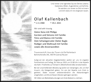 Traueranzeige von Olaf Kallenbach von WVW Anzeigenblätter