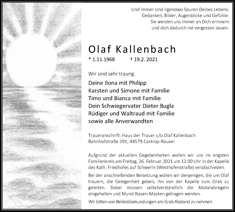  Traueranzeige für Olaf Kallenbach vom 24.02.2021 aus WVW Anzeigenblätter
