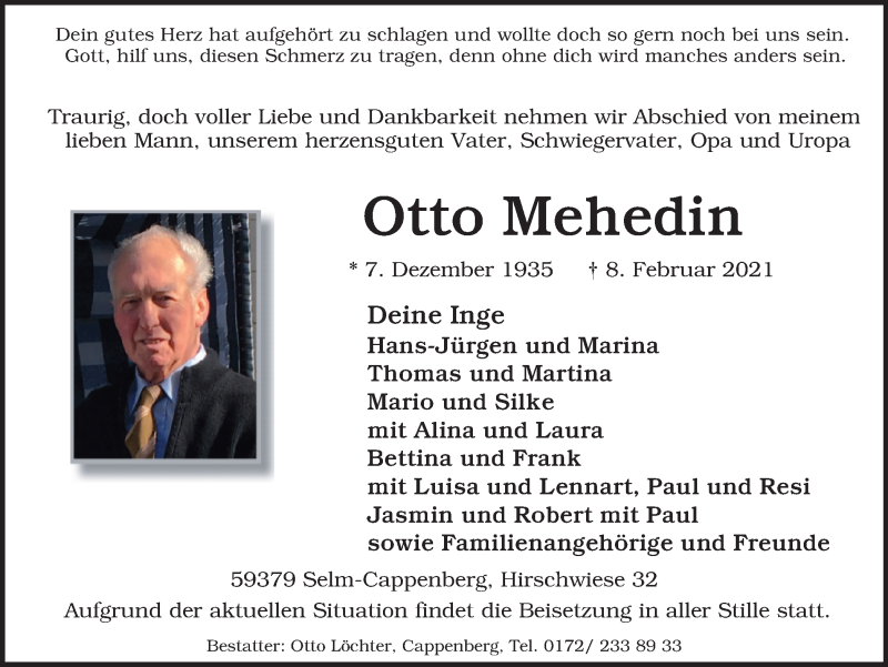  Traueranzeige für Otto Mehedin vom 13.02.2021 aus WVW Anzeigenblätter