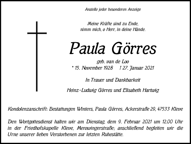  Traueranzeige für Paula Görres vom 03.02.2021 aus WVW Anzeigenblätter