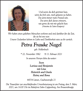 Traueranzeige von Petra Frauke Nagel von WVW Anzeigenblätter