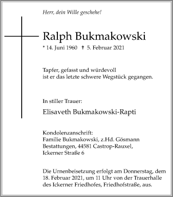 Traueranzeige von Ralph Bukmakowski von WVW Anzeigenblätter