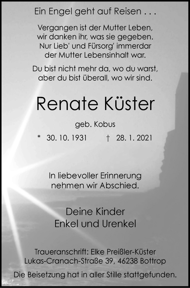  Traueranzeige für Renate Küster vom 20.02.2021 aus WVW Anzeigenblätter