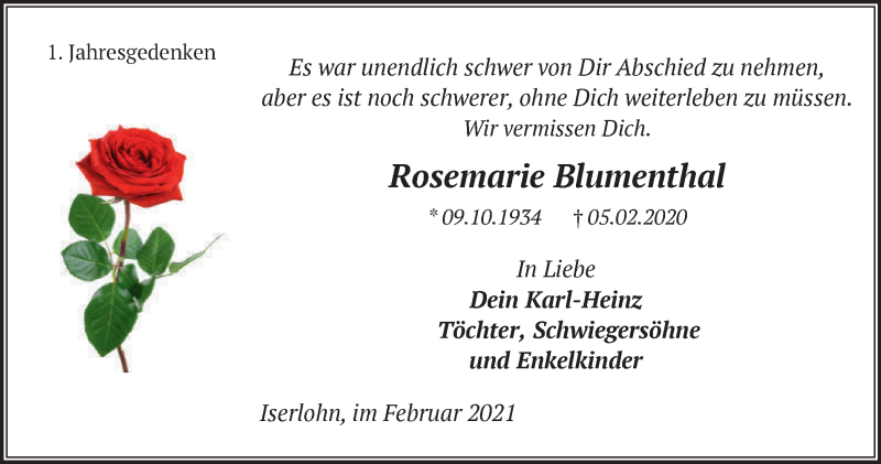  Traueranzeige für Rosemarie Blumenthal vom 06.02.2021 aus WVW Anzeigenblätter