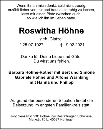 Traueranzeige von Roswitha Höhne von WVW Anzeigenblätter