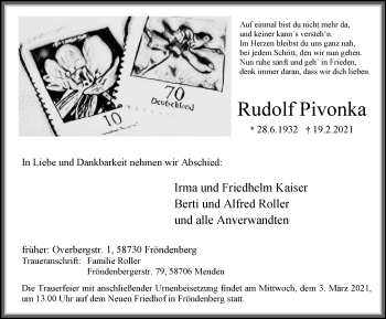 Traueranzeige von Rudolf Pivonka von WVW Anzeigenblätter