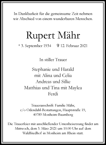 Traueranzeige von Rupert Mähr von WVW Anzeigenblätter