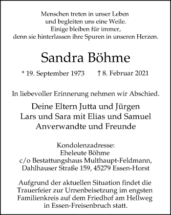 Traueranzeige von Sandra Böhme von WVW Anzeigenblätter