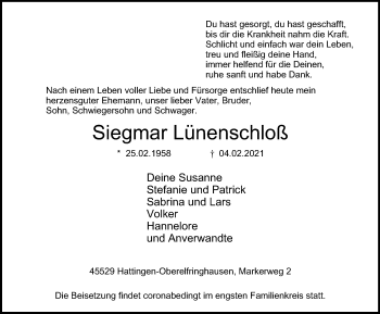 Traueranzeige von Siegmar Lünenschloß von WVW Anzeigenblätter