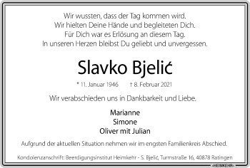 Traueranzeige von Slavko Bjelic von WVW Anzeigenblätter