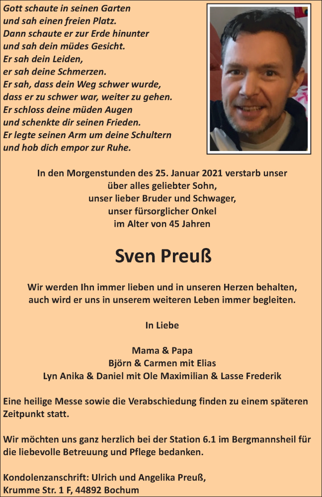 Traueranzeige für Sven Preuß vom 06.02.2021 aus WVW Anzeigenblätter