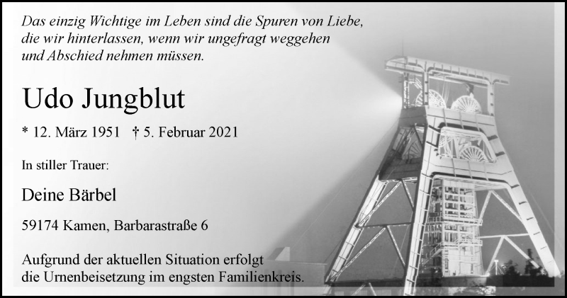  Traueranzeige für Udo Jungblut vom 17.02.2021 aus WVW Anzeigenblätter