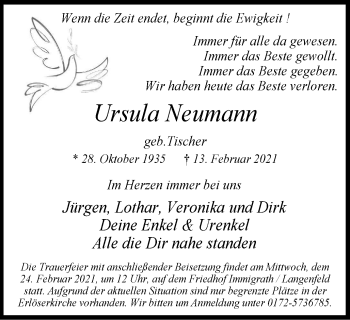 Traueranzeige von Ursula Neumann von WVW Anzeigenblätter