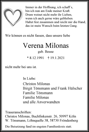 Traueranzeige von Verena Milonas von WVW Anzeigenblätter