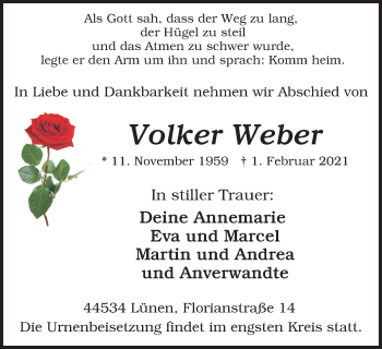 Traueranzeige von Volker Weber von WVW Anzeigenblätter