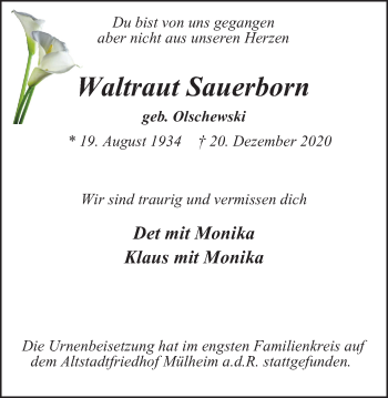 Traueranzeige von Waltraut Sauerborn von WVW Anzeigenblätter