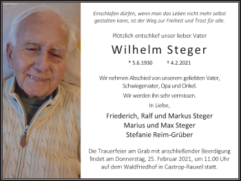Traueranzeige von Wilhelm Steger von WVW Anzeigenblätter