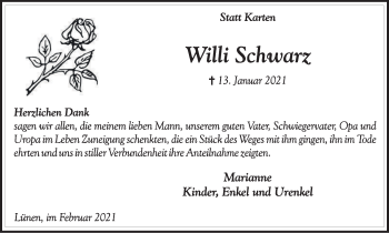 Traueranzeige von Willi Schwarz von WVW Anzeigenblätter