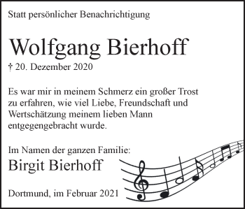 Traueranzeige von Wolfgang Bierhoff von WVW Anzeigenblätter