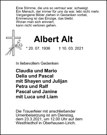 Traueranzeige von Albert Alt von WVW Anzeigenblätter
