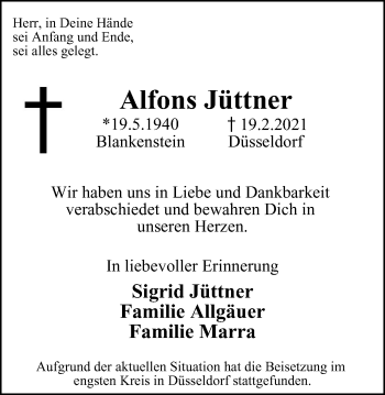 Traueranzeige von Alfons Jüttner von WVW Anzeigenblätter
