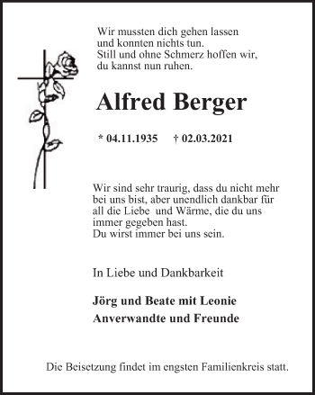 Traueranzeige von Alfred Berger von WVW Anzeigenblätter