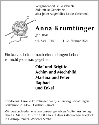 Traueranzeige von Anna Krumtünger von WVW Anzeigenblätter