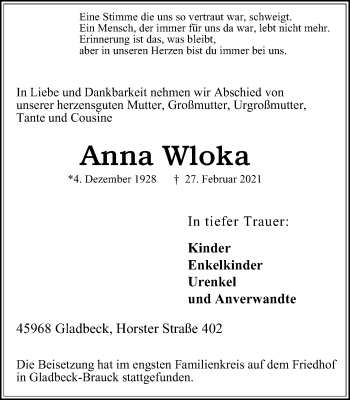 Traueranzeige von Anna Wloka von WVW Anzeigenblätter