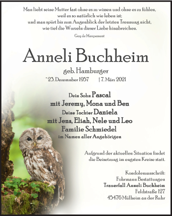 Traueranzeige von Anneli Buchheim von WVW Anzeigenblätter
