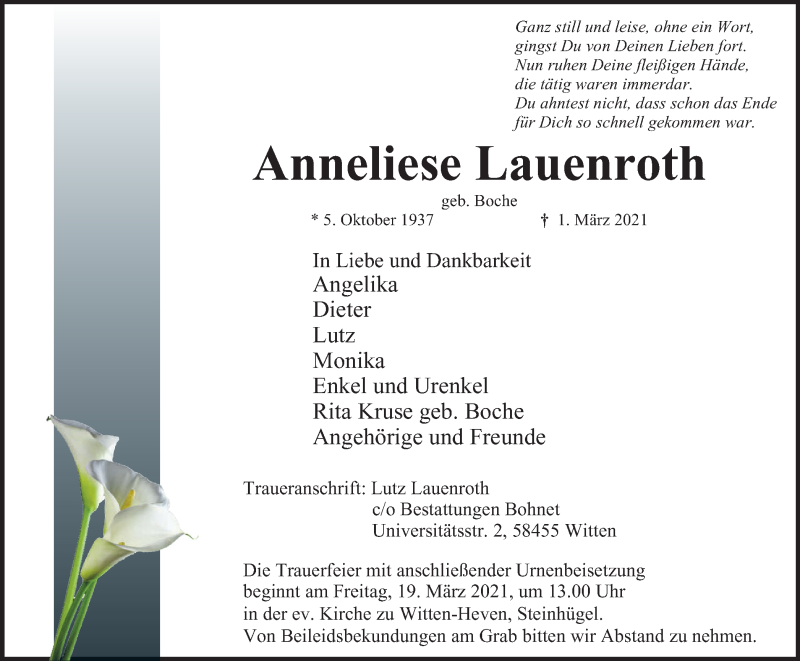  Traueranzeige für Anneliese Lauenroth vom 13.03.2021 aus WVW Anzeigenblätter